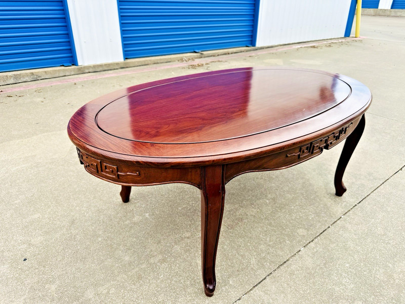 Beautiful Mid Century Modern Chinese Solid Rosewood Oval Carved Coffee Table gallery