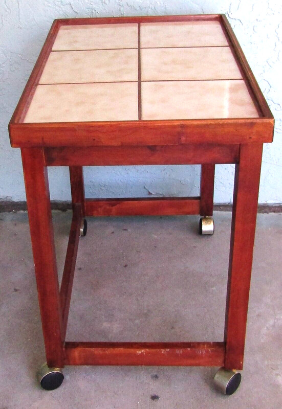 Danish Modern Vintage Teak and Tile Top Rolling Side Table with Magazine Holder gallery