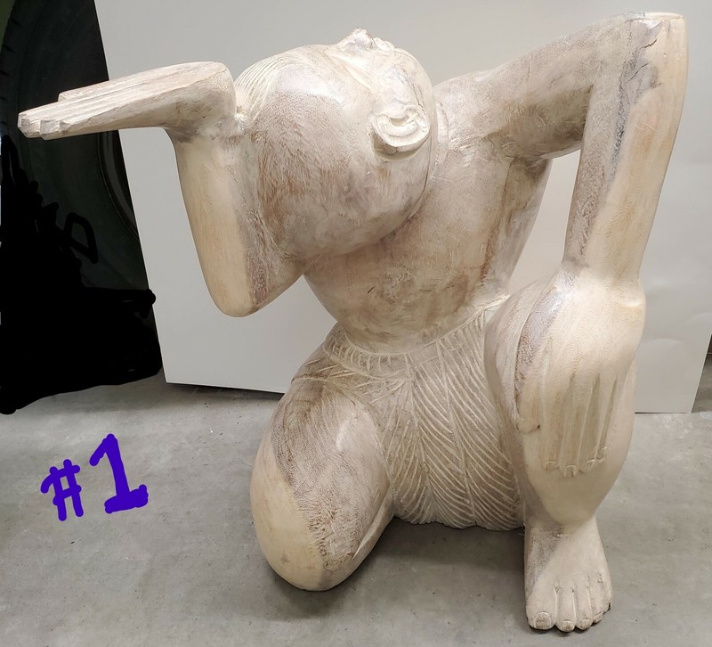Vintage ORIENTAL Figural SOLID Wood Carved Seating MAN Statue Coffee Side Table