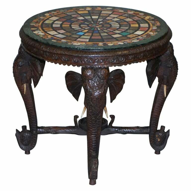 BURMESE HAND CARVED ELEPHANT OCCASIONAL TABLE PIETRA DURA SPECIMEN MARBLE TOP