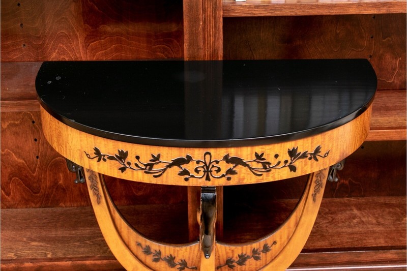 Neoclassical Swan Head Figured Maple Demilune Console Table gallery