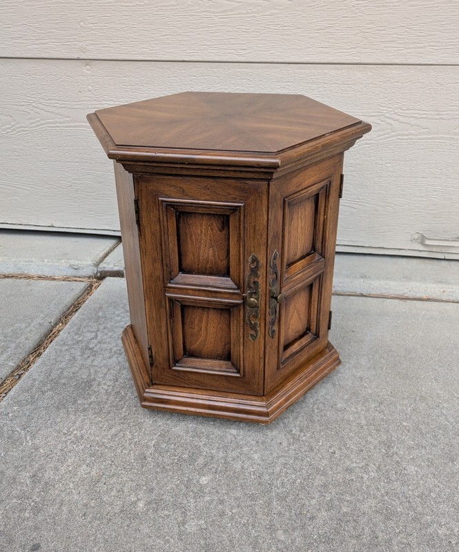 Vintage Hekman Rustic Spanish Colonial Drum Storage Cabinet Hexagon Table Doors