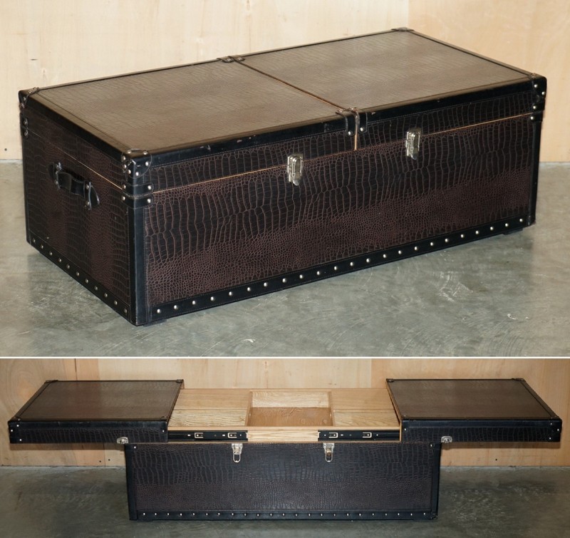LEATHER CROCODILE ALLIGATOR EMBOSSED ASH WOOD INTERNAL STORAGE COFFEE TABLE gallery