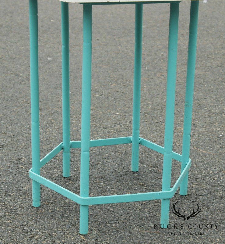 Mid Century Modern Teal Painted Base Hexagon Top Patio Side Table gallery