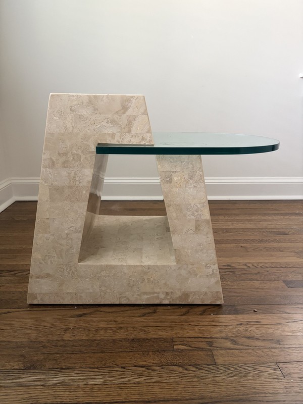 1980s Postmodern Tessellated Stone Side Table D-Glass Top Garcel Style gallery