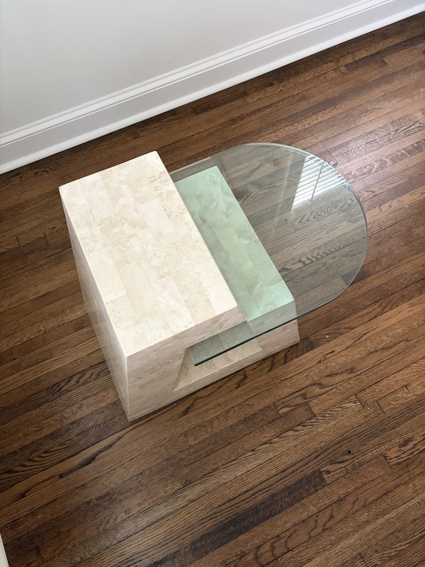 1980s Postmodern Tessellated Stone Side Table D-Glass Top Garcel Style gallery