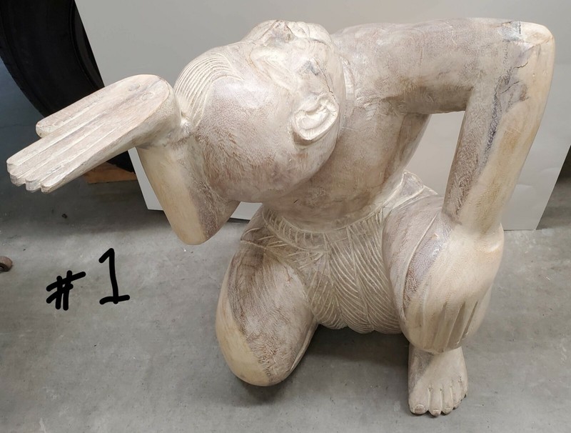 Vintage ORIENTAL Figural SOLID Wood Carved Seating MAN Statue Coffee Side Table gallery