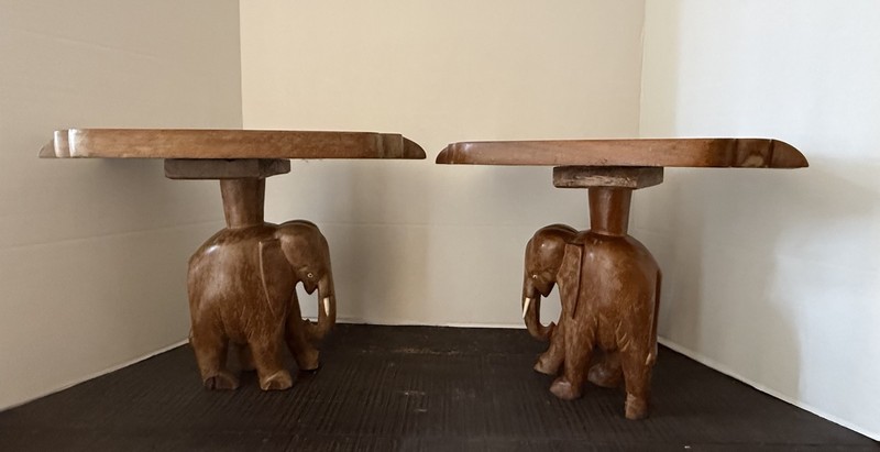 Vintage Carved Elephant Decorative Side Tables Set Of 2