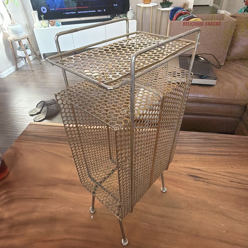 Vintage Wire Rack Mesh Metal Stand Side Table with Pen Holder 1950s Original gallery