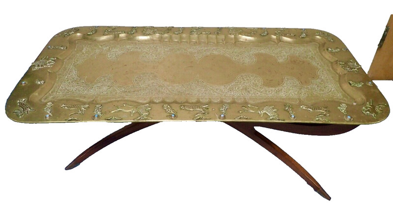 MCM Ornate Brass Tray Table w/ Spider Leg Base 47×23 Raised Animals Border Boho
