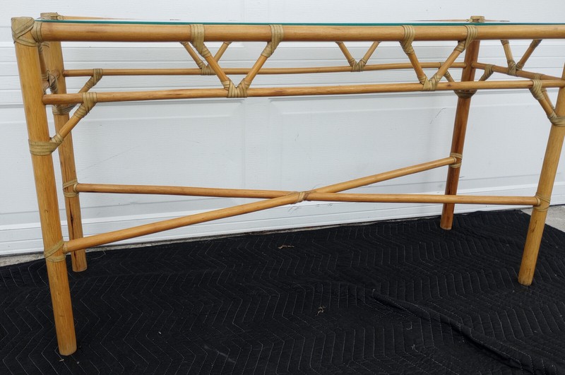 Vintage Mid Century Leather Wrapped Console Table Glass Top gallery
