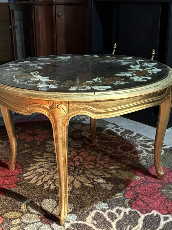 Antique Victorian Round Gold Coffee Table Floral Glass Top Wood Carvings gallery