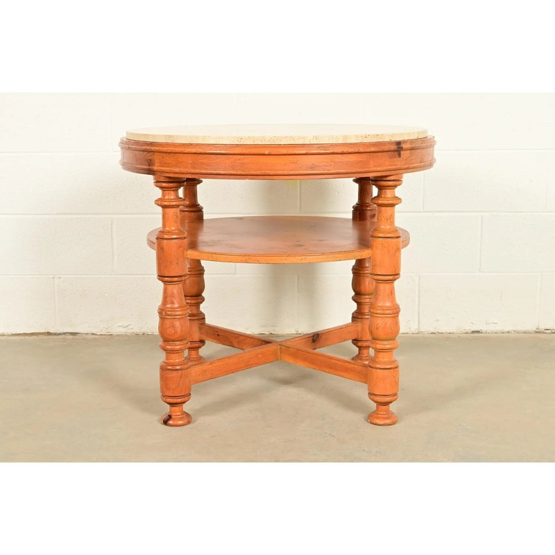 Baker Furniture Italian Provincial Pine and Travertine Top Tea Table gallery