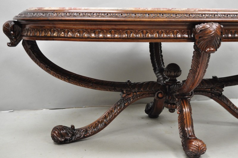 Antique Grosfeld House French Regency Plume Carved Mahogany Marble Coffee Table gallery