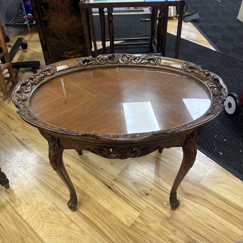 Hand carved Tea Table with Removable Glass Top Tea Tray
