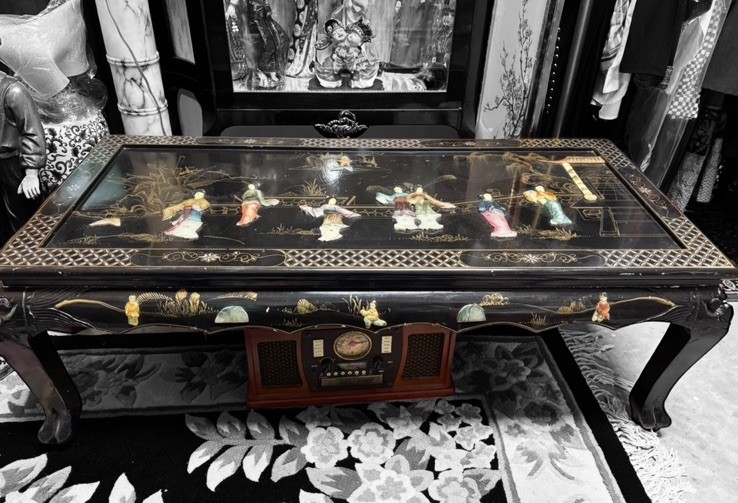 Vintage Black Lacquer Coffee Table - Mother of Pearl Inlay Hand-Painted Oriental gallery