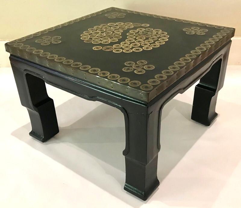 Vintage Asian Bronze Coin Mid Century Modern Side Table Black Lacquered 18"x18" gallery