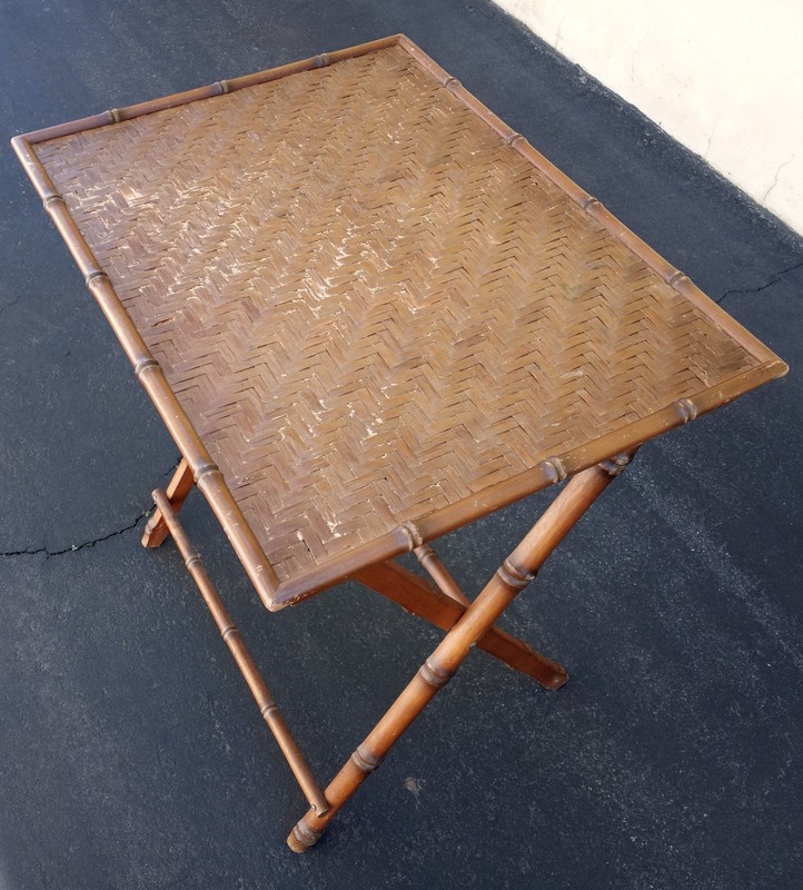Antique Faux Bamboo Woven Rattan Wooden Folding Table -MCM -24″ x 18″ x 26″ Rare