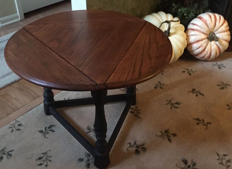 Antique Refinished Medium Oak 28” Round 4-way Drop Leave Table Black Scroll Legs