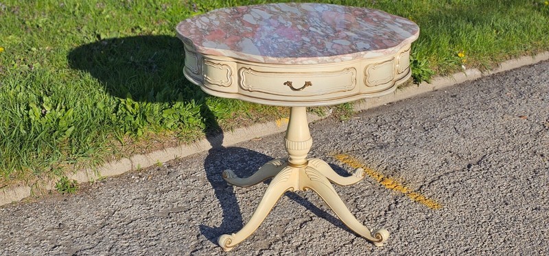 French Provincial Rose & white Marble top Parlor Table with drawers gallery
