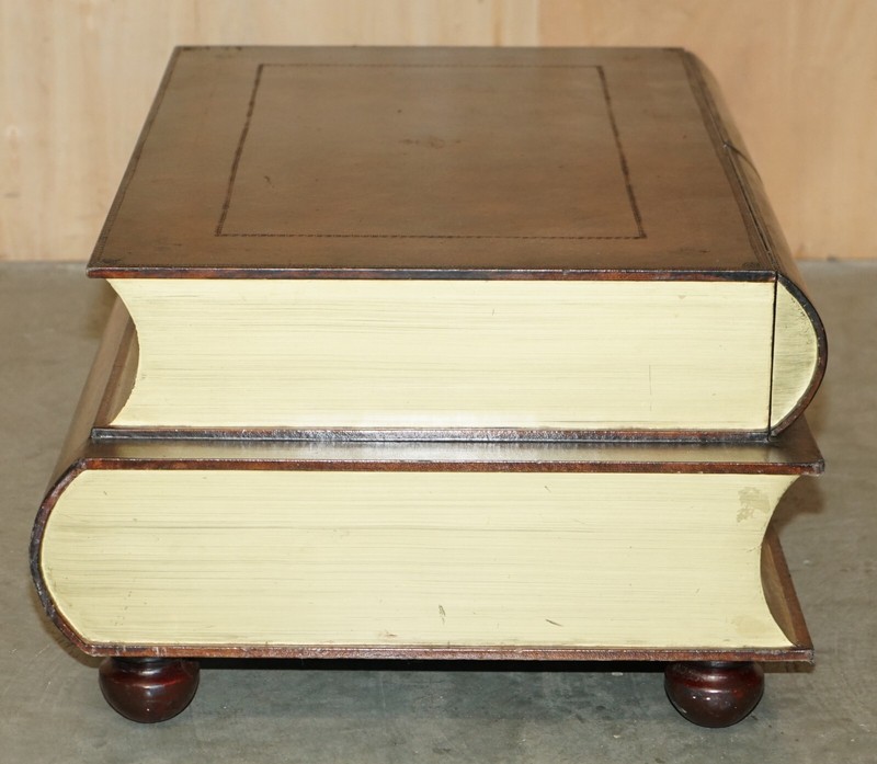 FULLY RESTORED BROWN LEATHER SCHOLARS STACK OF BOOKCASE COFFEE TABLE DRAWERS gallery
