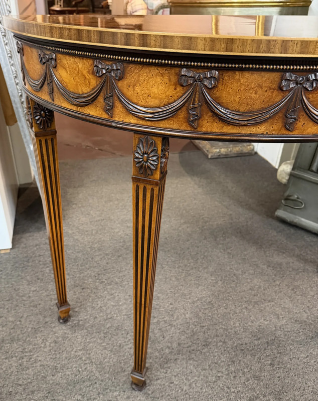 Adam Style Burled Walnut Demilune Table or Console with Banding & Ribbon Swags gallery