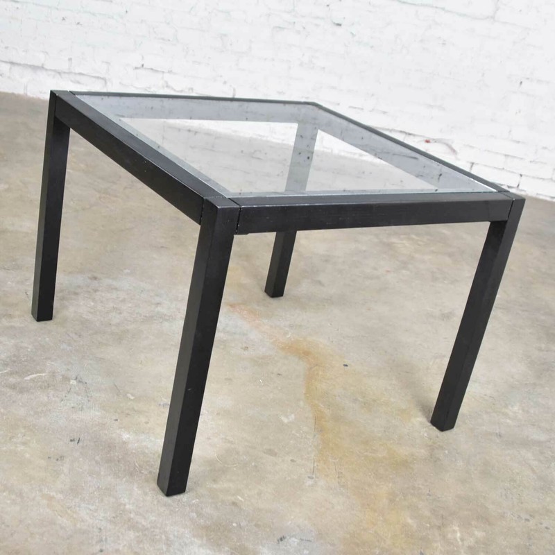 Vintage Blackened Oak Square Parsons Style Side Table with Glass Top gallery