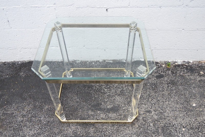 Hollywood Regency Lucite and Brass Finish with Glass Top Side Table 2998 gallery