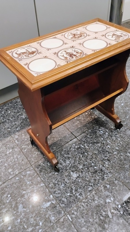 ANTIQUE WALNUT AND PINE TOP MAGAZINE RACK END TABLE On WHEELS. gallery