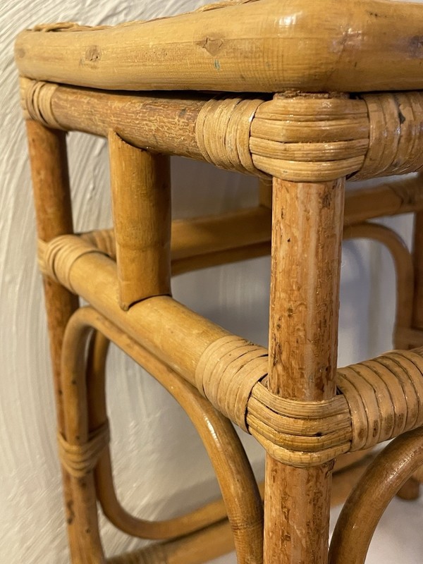 Vintage Woven Bamboo Rattan Wicket Side End Table Plant Stand Boho Chic MCM gallery