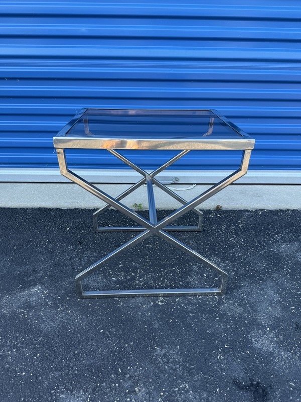 Vintage Mid Century Modern Chrome Side Table Smoked Glass Z-Base End Table 70s gallery