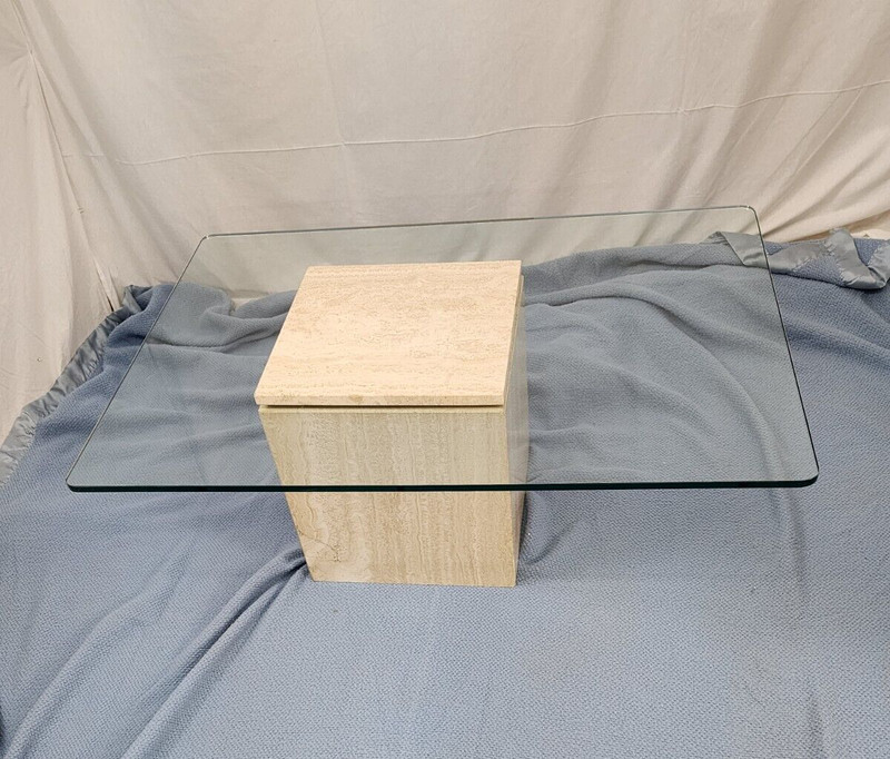 Vintage Marble Occasional Table with Floating Marble Center Glass Travertine gallery