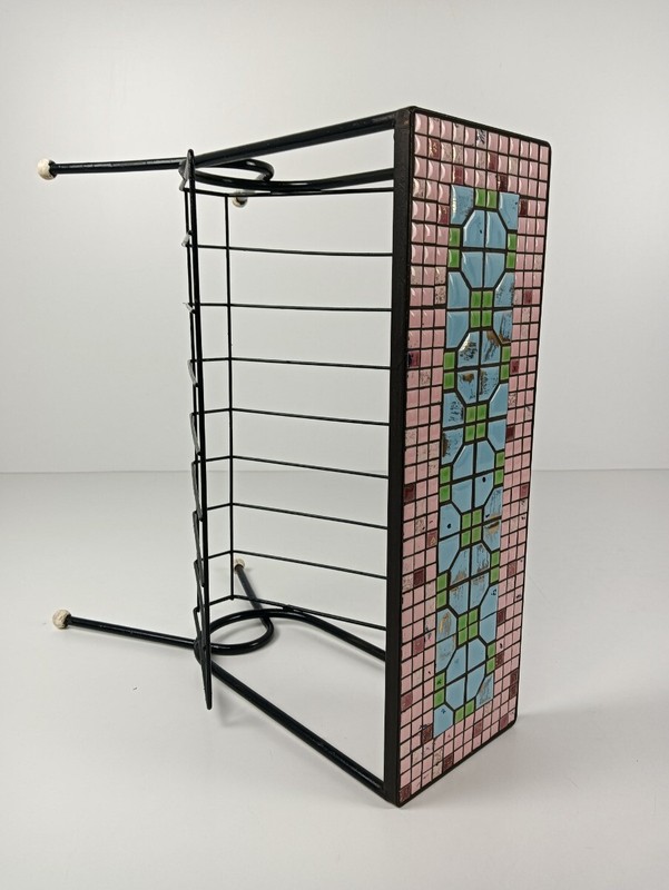 Vintage wrought iron Mid Century Magazine Rack Newspaper Basket Side Table Mosai gallery