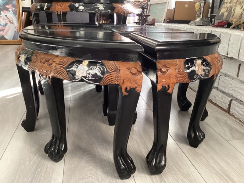Vintage Chinese CoffeeTea LowTable W 6 Pull Chairs, Mother Of Pearl Blk Lacquer gallery