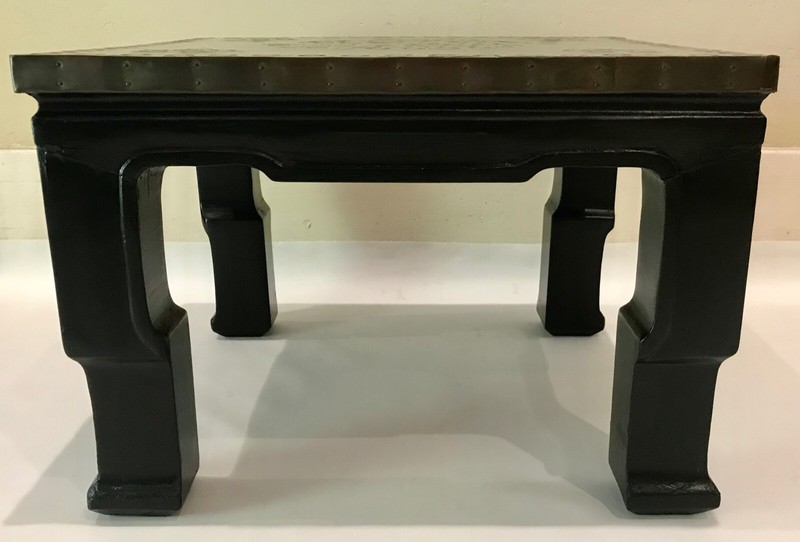Vintage Asian Bronze Coin Mid Century Modern Side Table Black Lacquered 18"x18" gallery