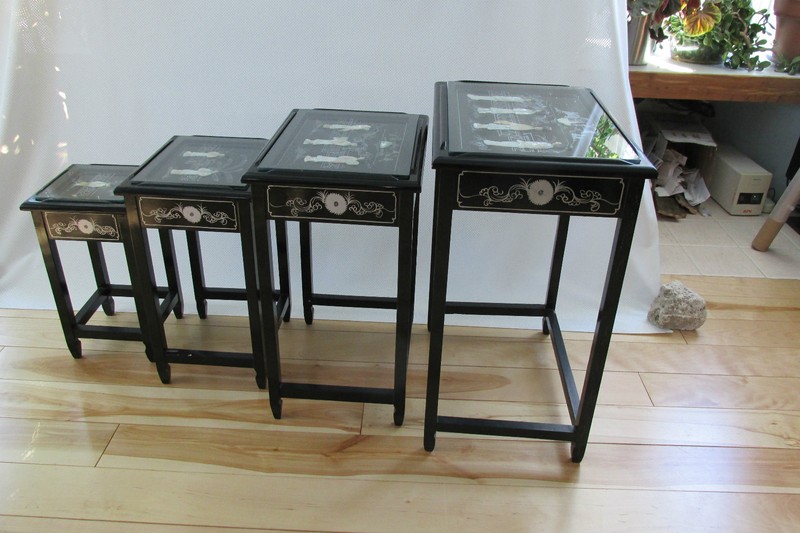 VINTAGE CHINESE NESTING/STACKING TABLES (4) MOTHER OF PEARL JADE STONE CARVINGS gallery