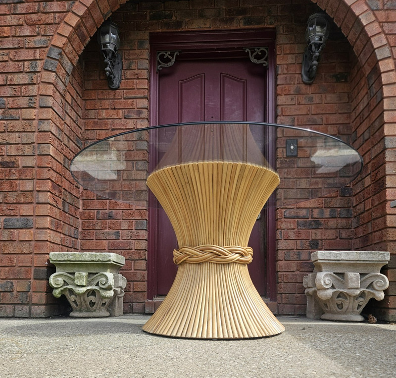 VINTAGE RATTAN BAMBOO DINING TABLE SHEAF OF WHEAT DESIGN CIRCULAR GLASS TOP gallery