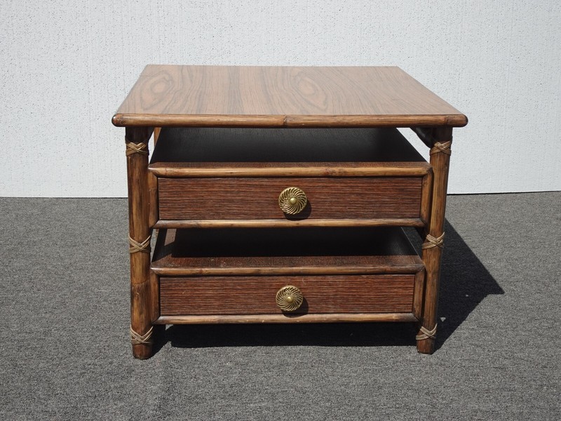 1980s McGuire Two Tier Side Table with Leather and Brass Hardware French Country gallery