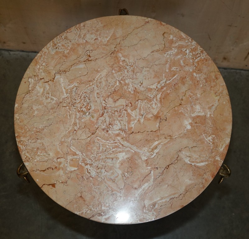 PAIR OF ANTIQUE FRENCH LOUIS XVI BRASS RAMS HEAD GUERIDON MARBLE TOP TABLES gallery