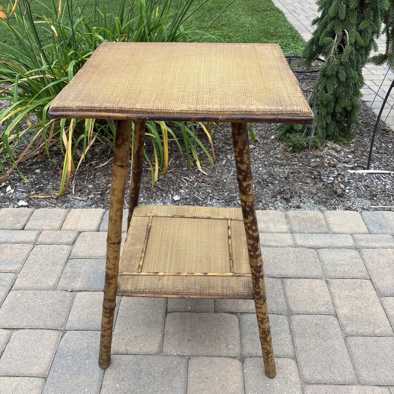 Tortoise Shell Bamboo Side Table Plant Stand Antique 29.75 H x 17.5 x 17” Top