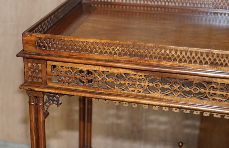 19TH CENTURY THOMAS CHIPPENDALE FRET WORK CARVED SILVER TEA OCCASIONAL TABLE gallery