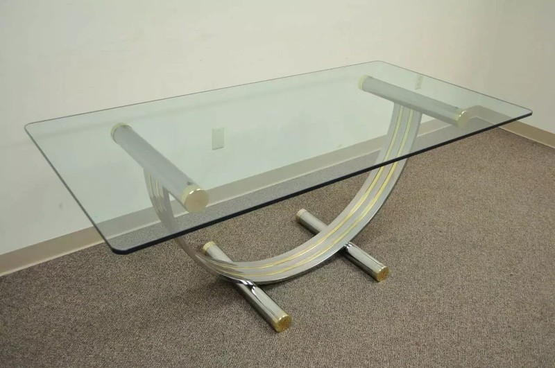 Mid Century Modern Romeo Rega Style Chrome Brass and Glass Arch Dining Table gallery