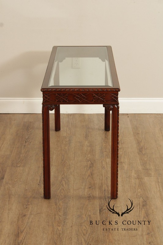 Chinese Chippendale Style Glass Top Mahogany Console Table gallery