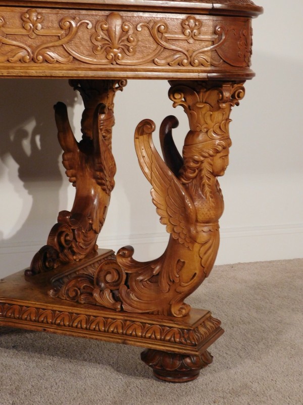 MONUMENTAL R J Horner 1870s 80s Carved Burl Walnut Library Center Entrance Table gallery