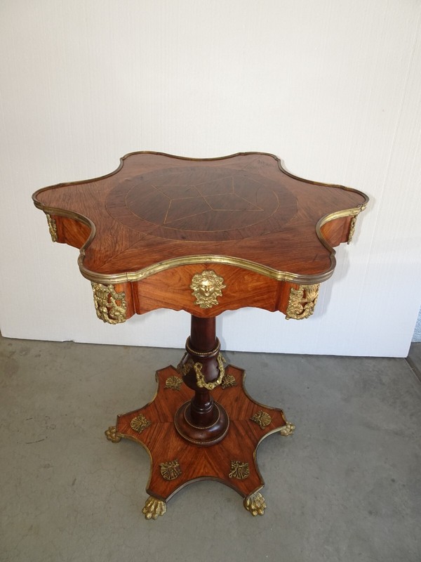 French Louis XVI Burl Marquetry Side Table Sun Burst Design w Brass Claw Feet gallery