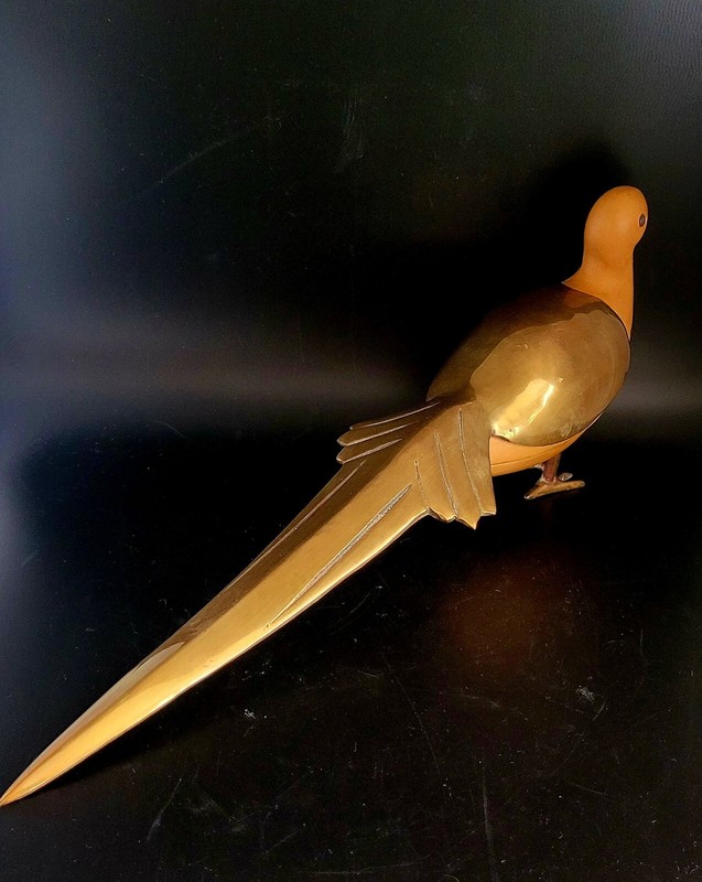 Vintage Carved Wood And Long Brass Feather Tail 16 Inches