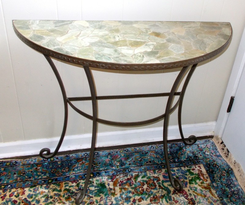 Vtg ROCK STONE MOSAIC CONSOLE Accent TABLE Demi Lune Wrought Iron Villa Garden gallery