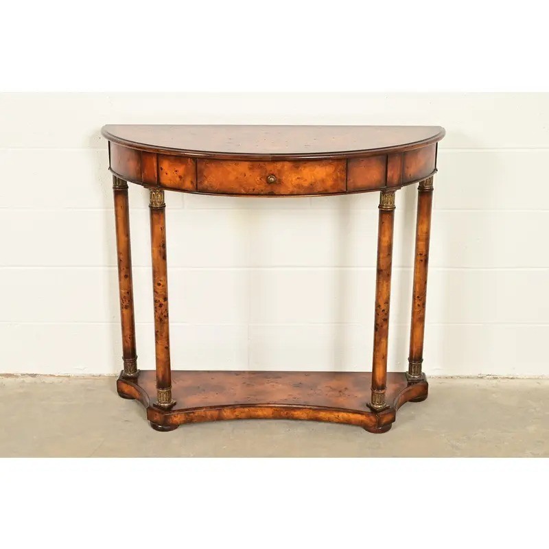 Maitland Smith Style French Empire Burl Wood & Gold Gilt Demilune Console Table