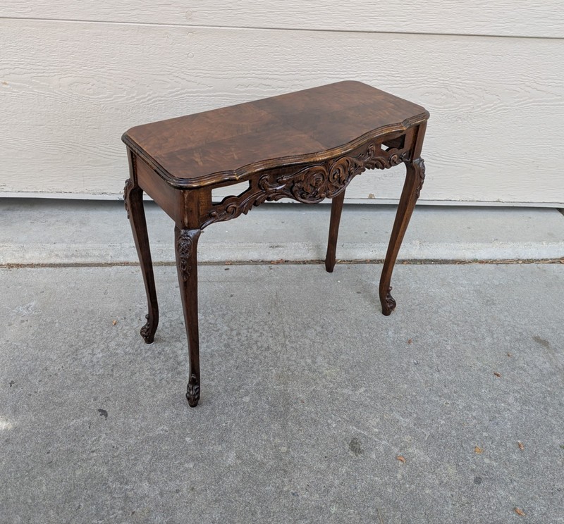 Vintage French Provincial Burl Walnut Side Entry Table Carved Wood Louis XV J76 gallery