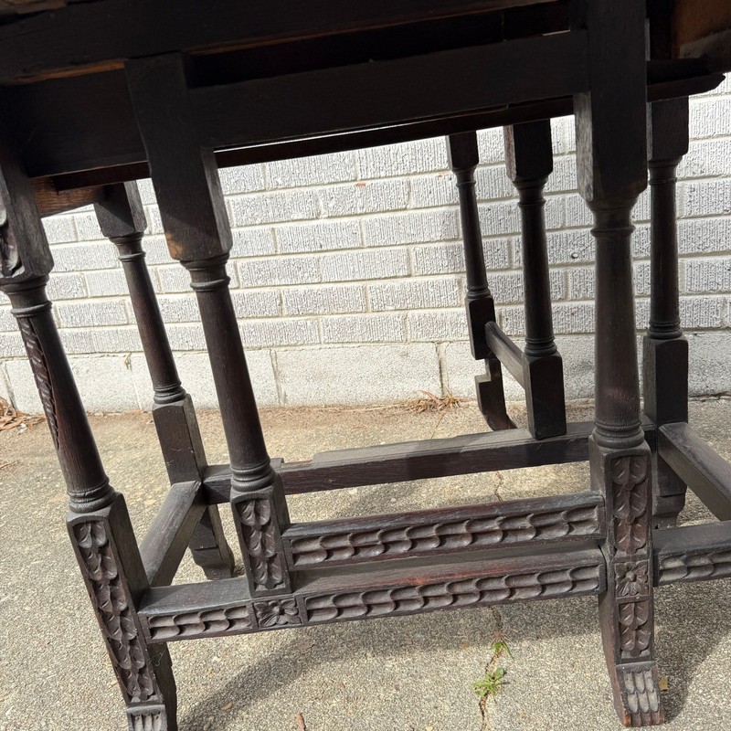 Antique Solid Hardwood Drop Leaf Table w/ Drawer, Carved Oak ,Tudor Style gallery
